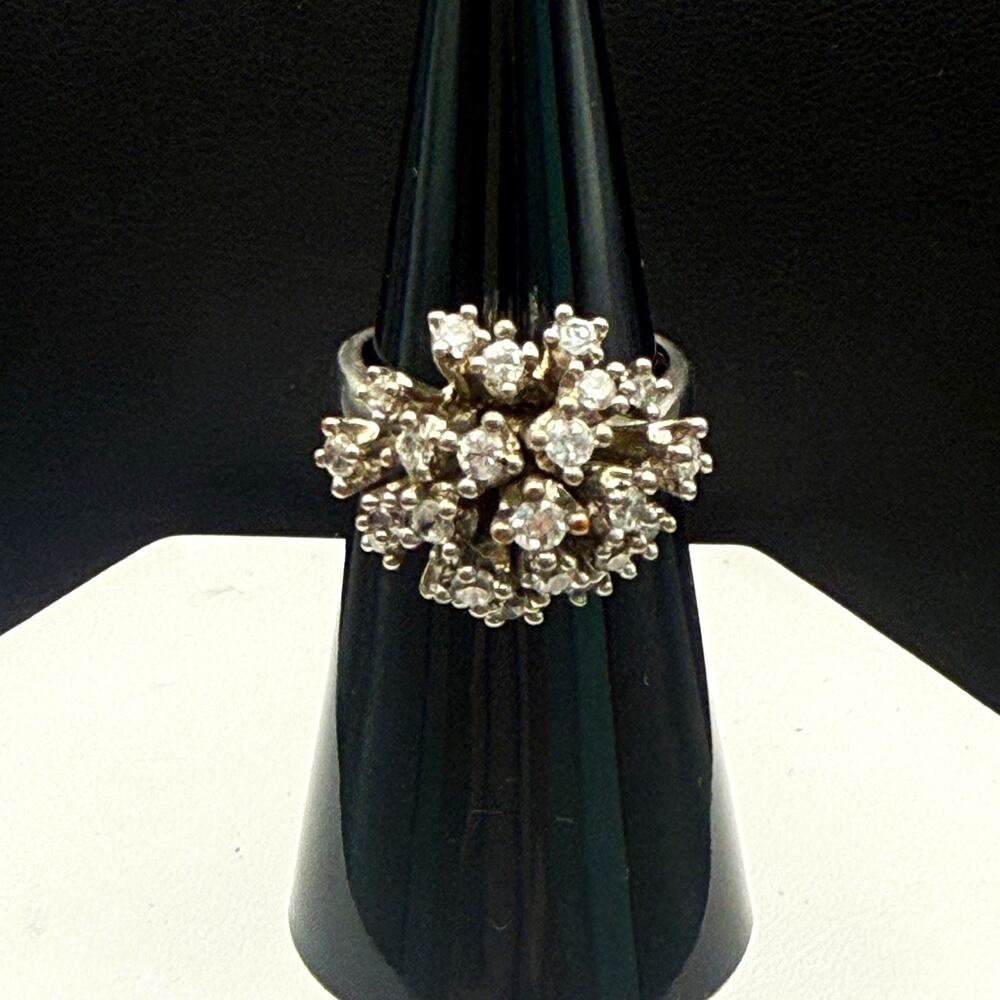 Vintage Silvertone Atomic Sputnik Cluster Cocktail Ring Size 5 Retro Rhinestone